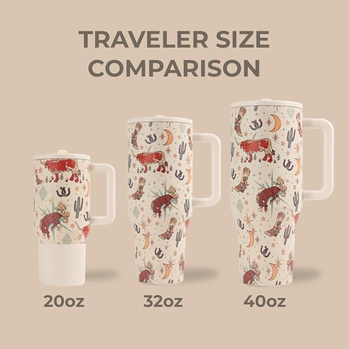 HydroJug Traveler - 40 oz Water Bottle with Handle & Flip Straw - Fits in Cup Holder, Leak Resistant Tumbler-Reusable Insulated Stainless Steel & Rubber Base - Gifts for Women & Men, Rodeo