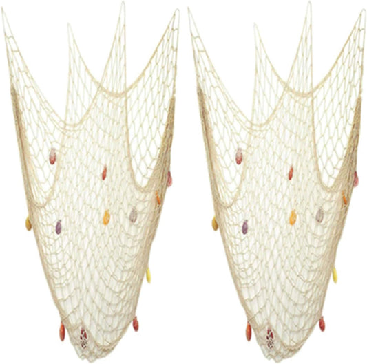 Nature Fish Net Wall Decoration with Shells, Ocean Themed Wall Hangings Fishing Net Party Decor for Pirate Party,Wedding,Photographing Decoration (Fishnet-2pack-Beige)