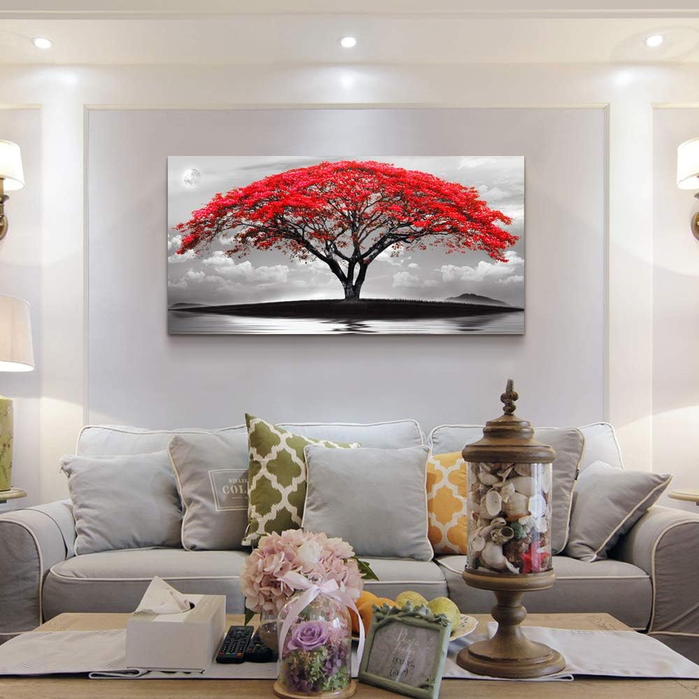 canvas wall art for living room bathroom Wall Decor Black and white landscape red tree moon scenery Hang painting Home Decorations for office bedroom kitchen Works canvas Prints pictures 20" x 40"inch