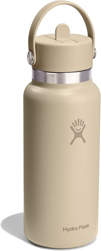 Hydro Flask Water Bottle - Insulated Stainless Steel - Wide Mouth Flex Straw Lid, Non Spill, Leakproof and Refillable in 32 Oz Tonal Oat