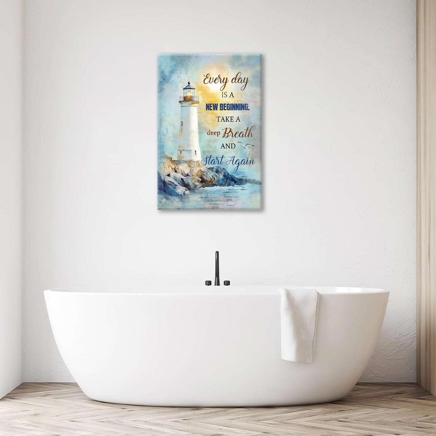Ocean Lighthouse Pictures Wall Art, Coastal Nautical Bathroom Wall Decor Every Day is a New Beginning Motivational Quote Framed Painting Canvas Artwork for Bedroom Living Room Decorations 24"L x 16"W