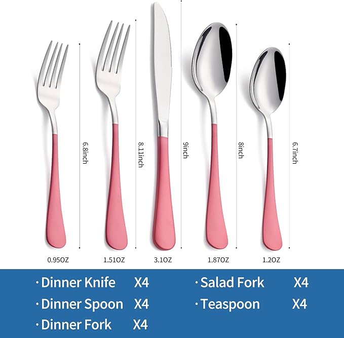 20-Piece pink Silverware Set, 18/0 Stainless Steel pink Handle Flatware Set, Service for 4, Modern Cutlery Set Includes Dinner Knives Forks Spoons, Mirror Polished, Dishwasher Safe