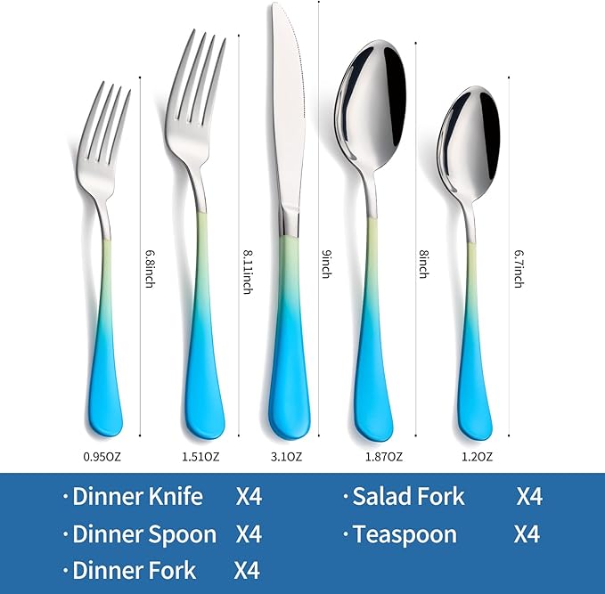 20-Piece Yellow&Blue Silverware Set, 18/0 Stainless Steel Colorful Handle Flatware Set, Service for 4, Modern Cutlery Set Includes Dinner Knives Forks Spoons, Mirror Polished, Dishwasher Safe
