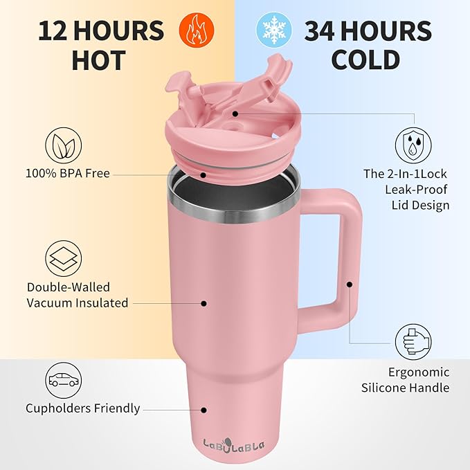 40oz Tumbler with Handle,Double Wall Vacuum Reusable Stainless Steel Insulated Water Bottle,With Leak Proof lid and Straw for Iced or Cold Beverages (light pink)