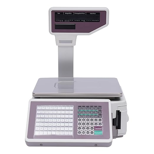 Label Printing Scale, 66Lbs Electronic Price Computing Scale with Pole Display Dual TD Thermal Label & Receipt Printer Commercial Barcode Scale for Supermarket Fruit Candy Snack Hot Pot Seafood Shops