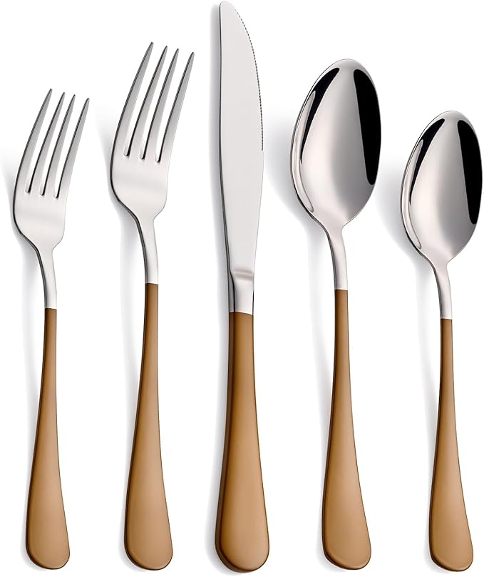 20-Piece Coffee Color Silverware Set 18/0 Stainless Steel Coffee Color Handle Flatware Set Service for 4 Modern Cutlery Set Includes Dinner Knives Forks Spoons, Mirror Polished Dishwasher Safe