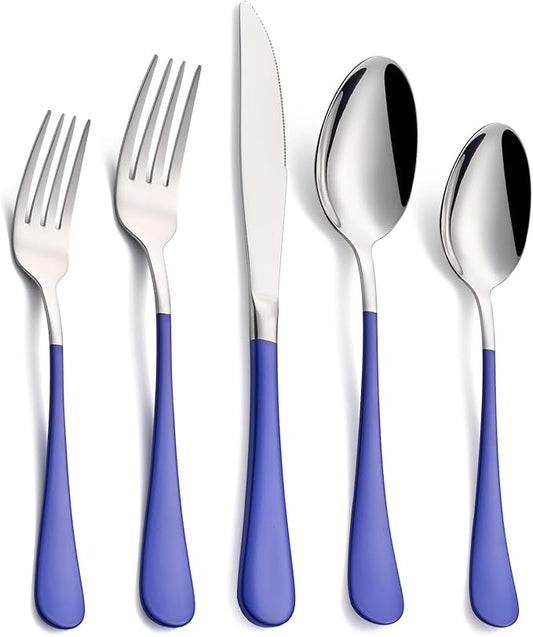 20-Piece Blue Silverware Set, 18/0 Stainless Steel Blue Handle Flatware Set, Service for 4, Modern Cutlery Set Includes Dinner Knives Forks Spoons, Mirror Polished, Dishwasher Safe