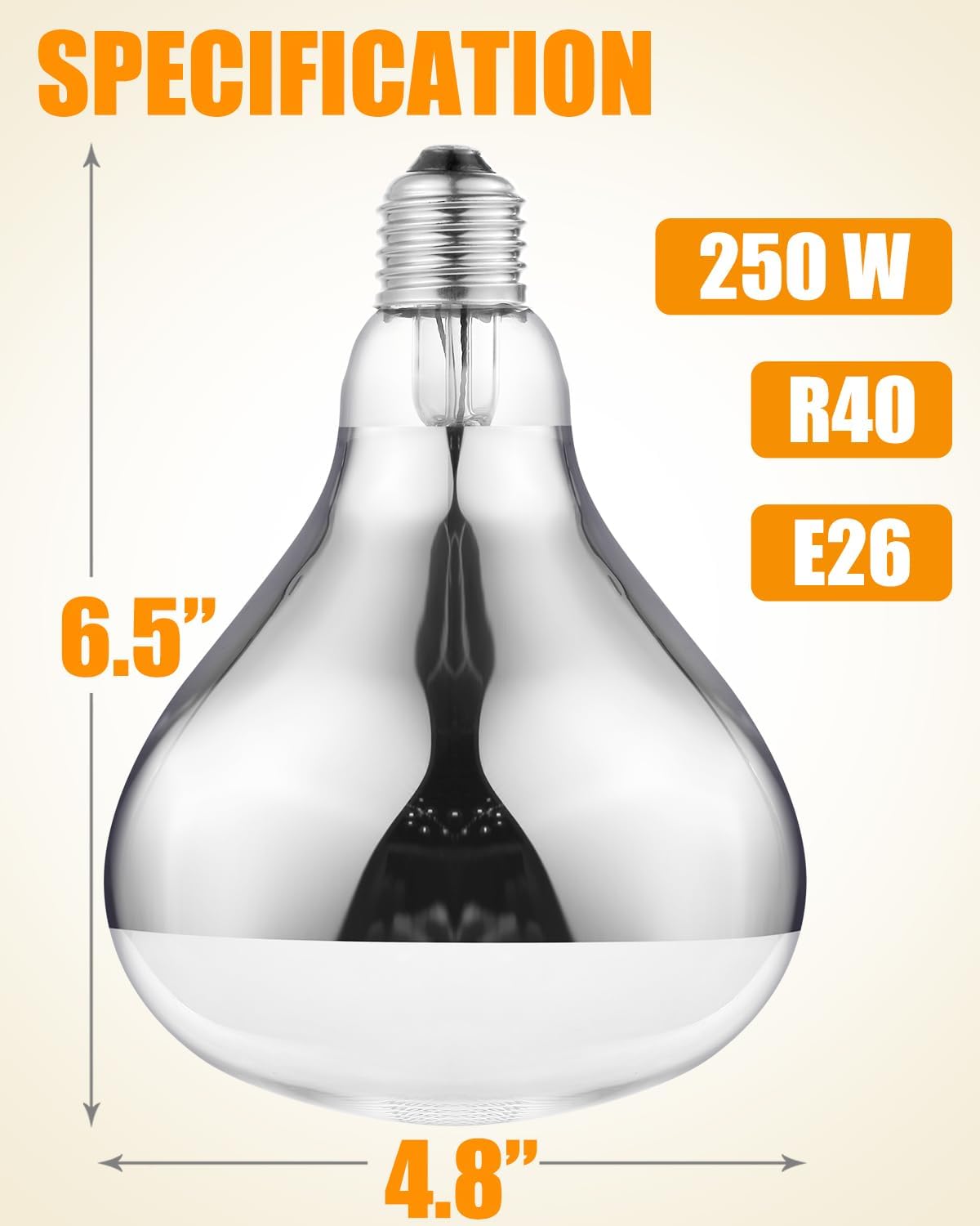 250W Heat Lamp Bulbs, 8000 Hours Rated, R40 Bathroom Shower Incandescent Light Bulb, Infrared Heating for Chickens, Reptiles, Pets, Food, E26 Base, 4 Pack
