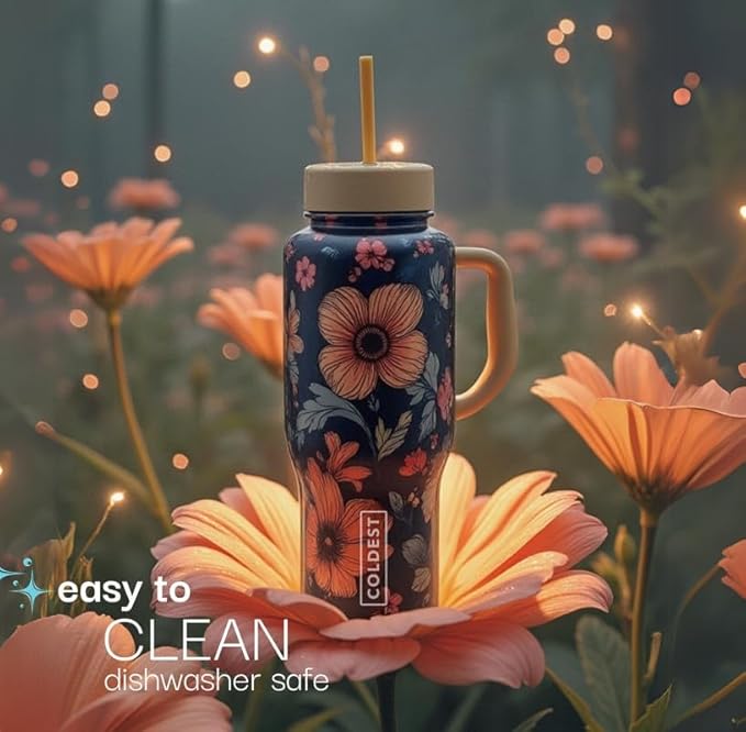 Coldest Tumbler with Handle and Straw, 100% Leak Proof Insulated Tumbler with Lid and Straw (3 Lids), Stainless Steel Tumblers for Women & Men, Cup Holder Friendly, 36 oz (Moonlight Hearts)