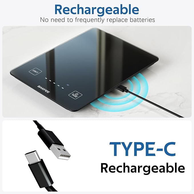 IP67 Waterproof Food Scale with Tempered Glass Surface, 22lb Kitchen Scale 1g Precision, USB Rechargeable, LED Display, Grams and Ounces, for Baking, Cooking, Making Sourdough Bread. Black