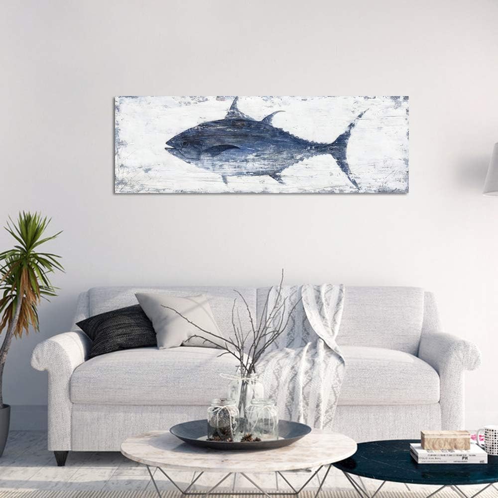 Yihui Arts Canvas Wall Art Hand Painted Abstract Tuna Fish Painting Modern Artwork Coastal Pictures in Blue and White Color for Bedroom Decoration