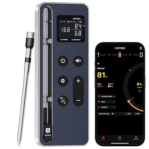 Smart Bluetooth Wireless Meat Thermometer – Wireless Smart Digital Meat Thermometer for Grilling, BBQ, Oven, Smoker, Air Fryer, and Kitchen – Great for Steak, Chicken, Turkey-Black