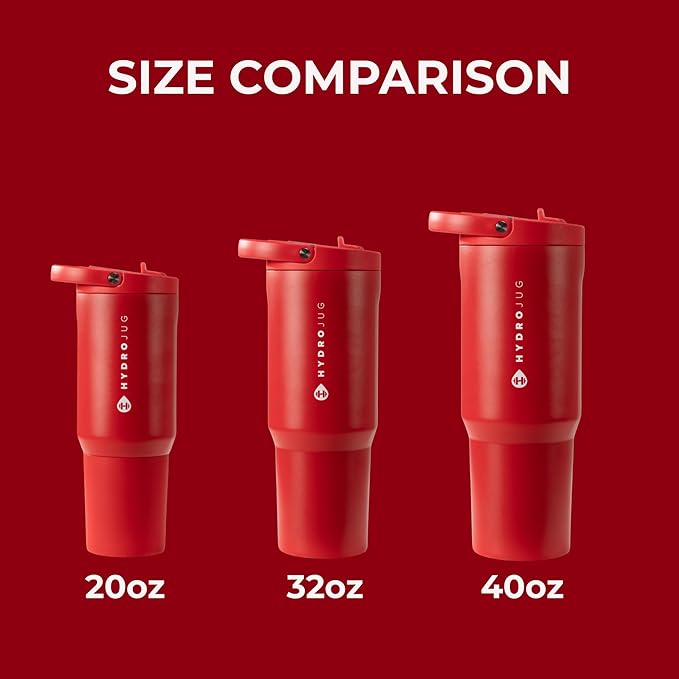 HydroJug Sport - Stainless Steel Tumbler with Straw, Vacuum Insulated, 40oz Leakproof Water Bottle, Ergonomic Design, Reusable, Dishwasher Safe, Rubber Base, Durable for Gym or Outdoors, Alumni Red