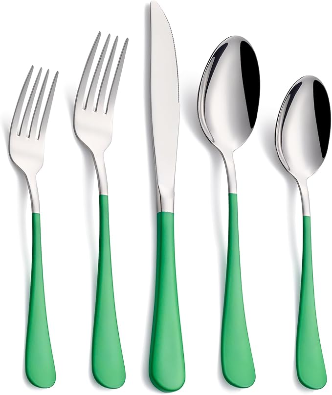 20-Piece Green Silverware Set, 18/0 Stainless Steel Green Handle Flatware Set, Service for 4, Modern Cutlery Set Includes Dinner Knives Forks Spoons, Mirror Polished, Dishwasher Safe