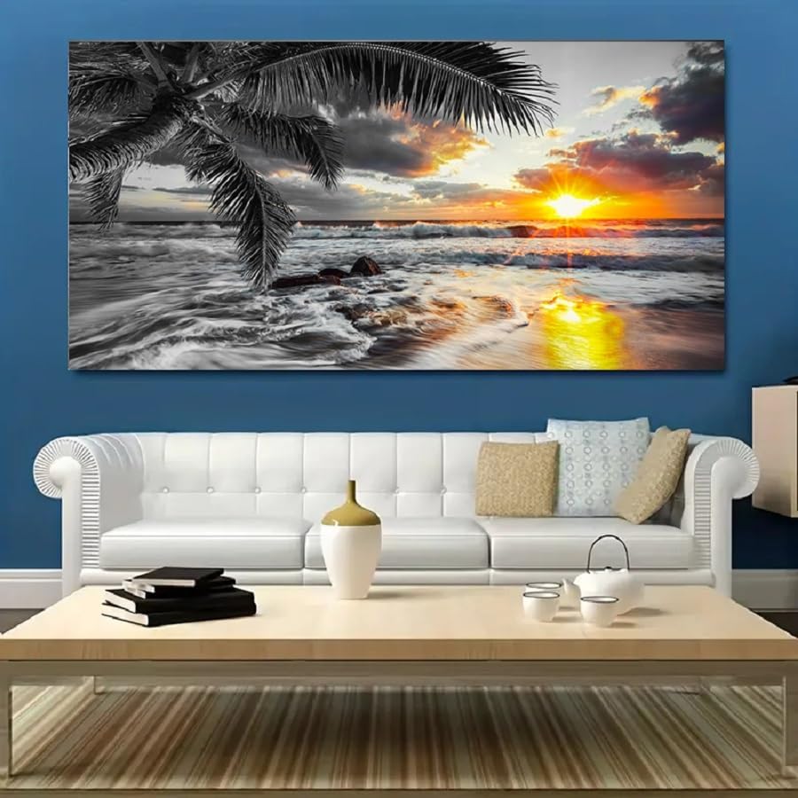 Yxbhhym-Beach Wall Art Black and White Ocean Pictures for Walls Sunrise Seascape Scenery Canvas Print Sunset Painting Palm Poster Sea Wave Artwork for Living Room Wall Art Bedroom Office Wall Décor