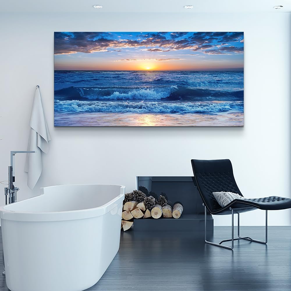 Lapremoly Canvas Wall Art For Living Room Large Wall Decor For Bedroom Office Wall Decorations Blue Ocean Beach Wall Painting Sunny Sea View Wave Wall Pictures Artwork Room Home Decor 20" X 40"