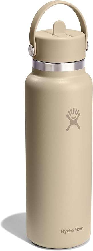 Hydro Flask Water Bottle - Insulated Stainless Steel - Wide Mouth Flex Straw Lid, Non Spill, Leakproof and Refillable in 40 Oz Tonal Oat