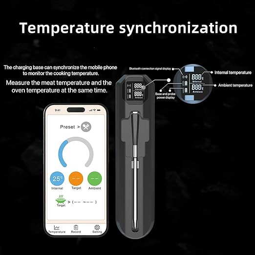 Wireless Bluetooth Meat Thermometer, 820ft Range, VA HD Digital Display, Instant Read, Waterproof Probe for Grilling, Oven, Air Fryer, Smoker, Turkey, Steak, Kitchen Cooking