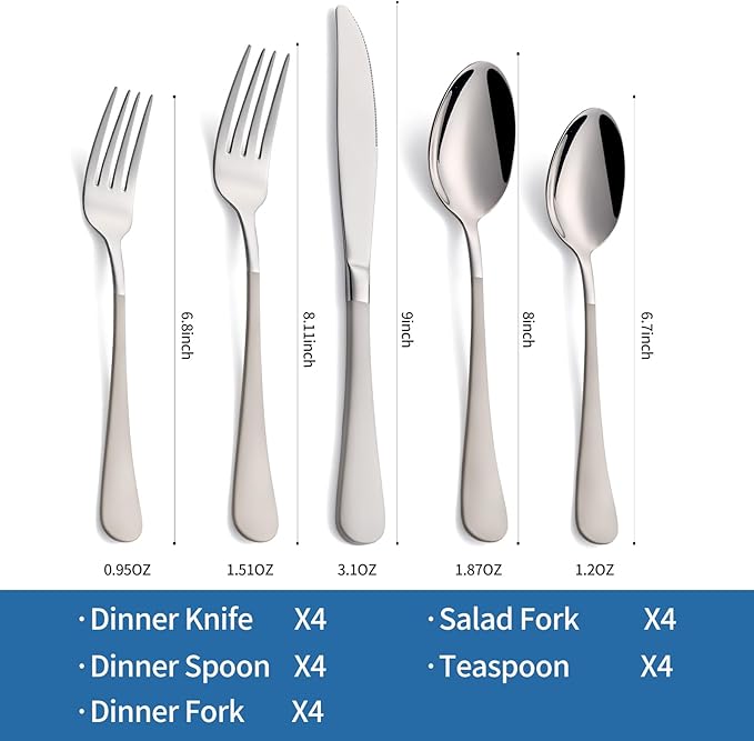 20-Piece Off White Silverware Set, 18/0 Stainless Steel Off White Handle Flatware Set, Service for 4, Modern Cutlery Set Includes Dinner Knives Forks Spoons,Mirror Polished,Dishwasher Safe