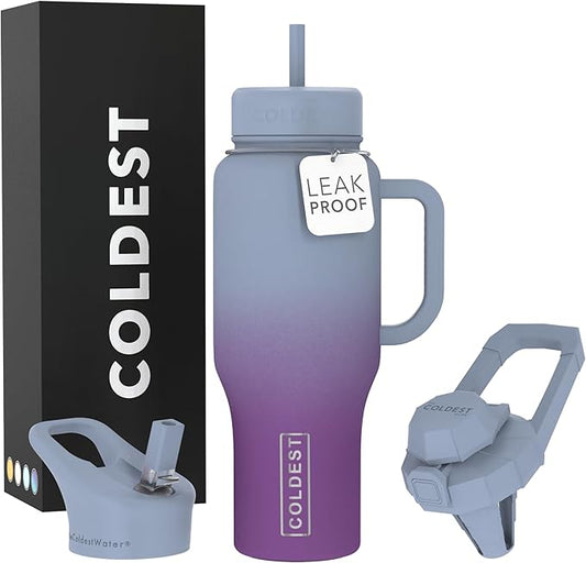 Coldest Tumbler with Handle and Straw - 100% Leak Proof Insulated Tumbler with Lid and Straw (3 Lids) - Stainless Steel Tumblers for Women & Men - Cup Holder Friendly Base, 36 oz (Monsoon)