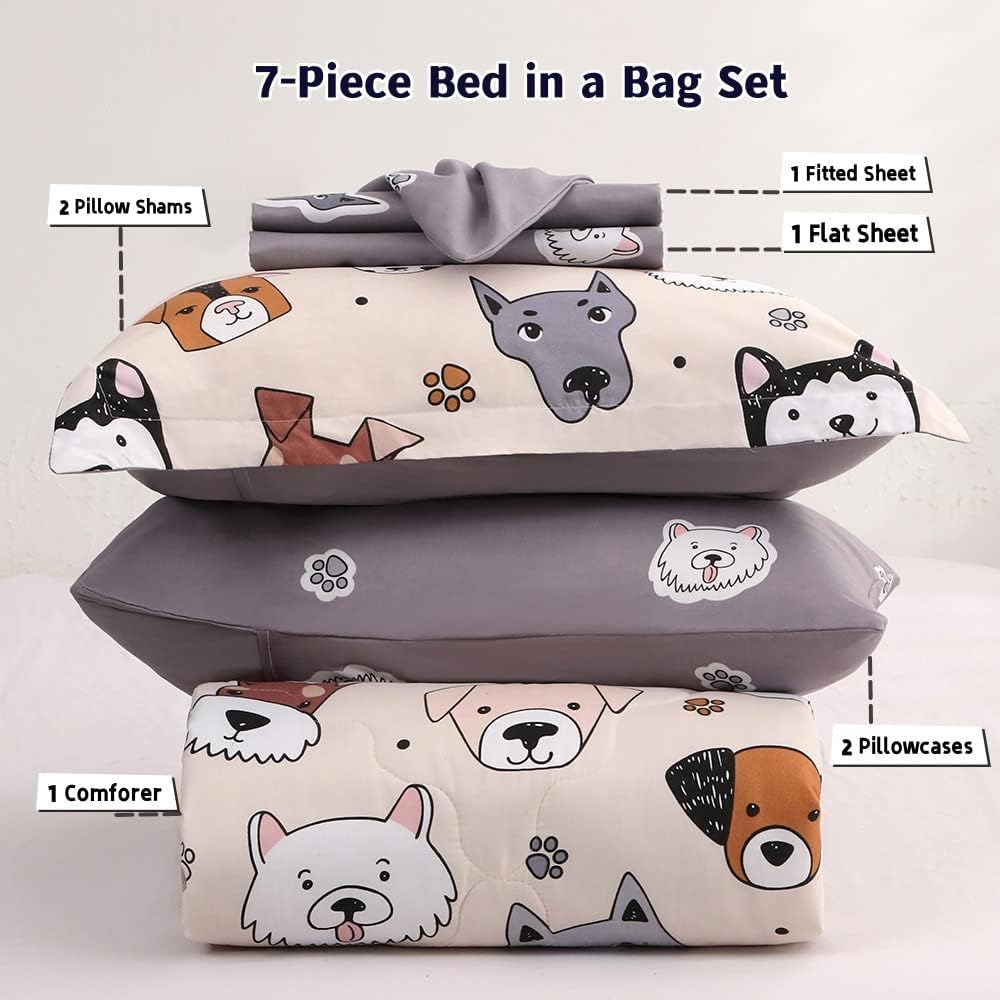 Kids Comforter Set 7 Piece Bedding Cute Dog Cartoon Animal Bed Microfiber Comforter Queen Size All Season (1 Comforter, 1 Flat Sheet, 1 Fitted Sheet, 4 Pillowcase)