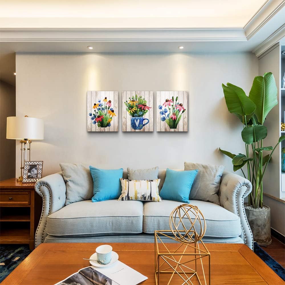 Vintage Wood grain plant flowers wall art for kitchen Wall Decorations for Living Room Bathroom Decorations room Wall decor 3 Pieces Framed Canvas print Artwork modern Office Home Decor paintinge