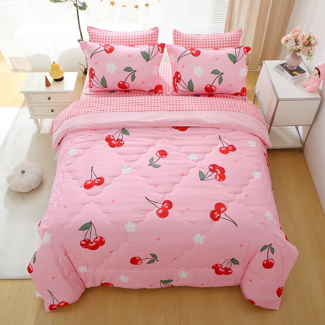Girls Cherry Comforter Bedding Set Full Size 7 Piece Pink Kawaii Oriental Cherry Comforter Set Bed in A Bag for Kids Teens All Season (Comforter,Flat Sheet,Fitted Sheet and Pillow Sham)