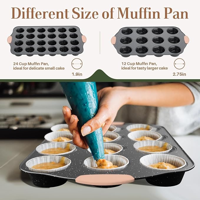 11-Piece Baking Pans Set, Nonstick Bakeware Sets, Oven Pans for Baking with Silicone Handles, Includes Cookie Sheet, Cake Pans, Loaf Pan, Pizza Pan, Muffin Pan, Khaki&Black