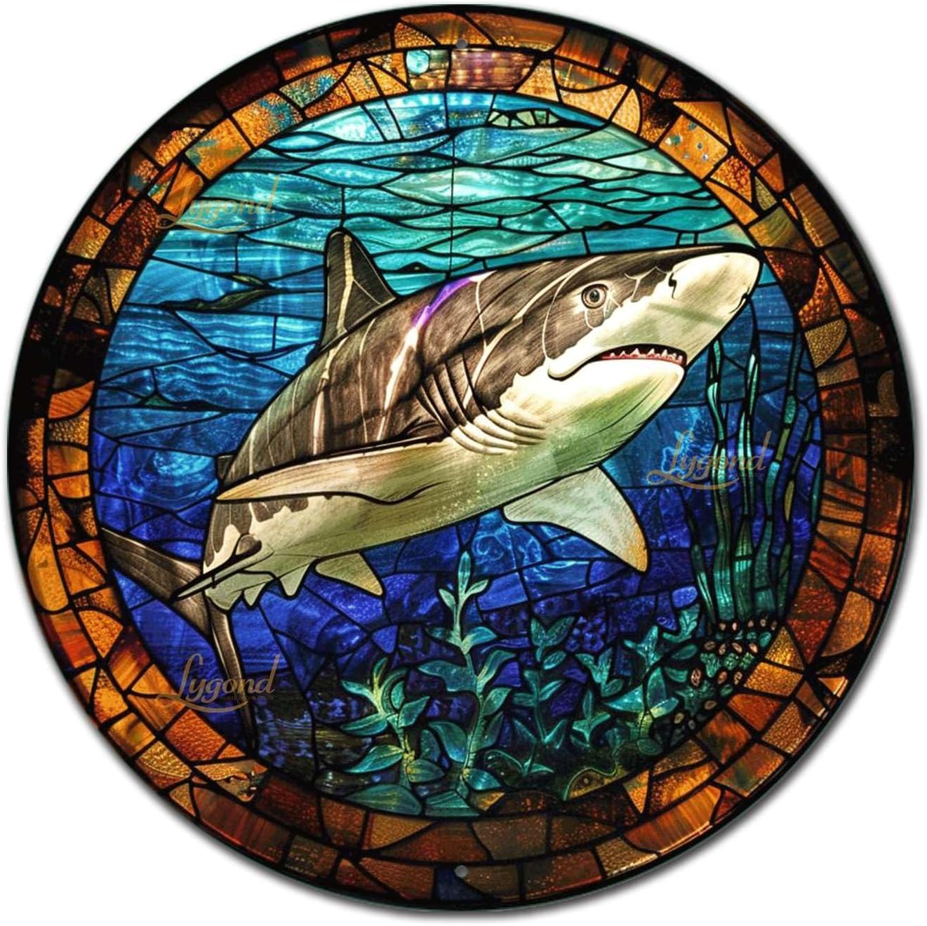 Lygond Metal Sign Tin Sign Circular Stained Glass Shark Funny Outdoor Decor for Garage 8×8 Inches