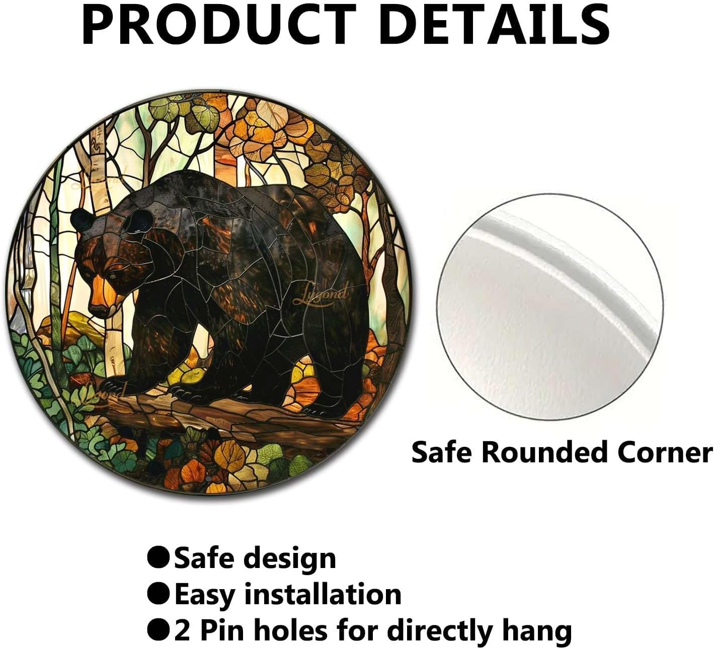 Lygond Metal Sign Tin Sign Circular Stained Glass American Black Bear Gardening Poster for Bar 8×8 Inches