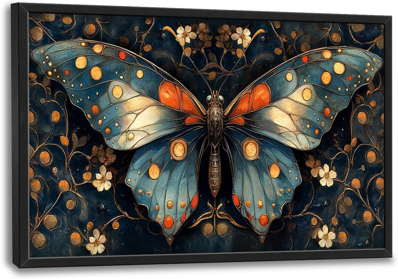 Large Butterfly Wall Art for Living Room, Butterfly Canvas Oversized Wall Decor, Floral Aesthetics Framed Pictures Painting Print Artwork for Bedroom Office 36L" x 24W"