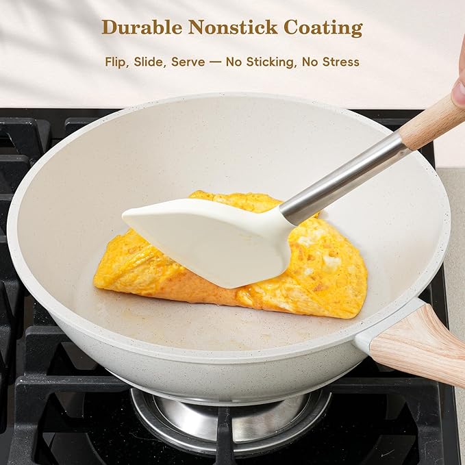 12 Pcs Pots and Pans Set, Nonstick Cookware Sets White Granite Induction Cookware, Non-toxic Healthy Non Stick Kitchen Cooking Set with Frying Pans Set, Saucepans,Steamer (PFAS, PFOA, PFOS Free)