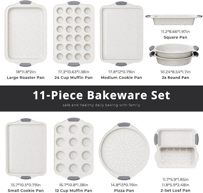 11-Piece Nonstick Baking Pans Set, Stackable Non Toxic Bakeware Sets with Cookie Sheets, Cake Pan, Loaf Pan, Pizza Pan, Muffin Pan, White&Gray