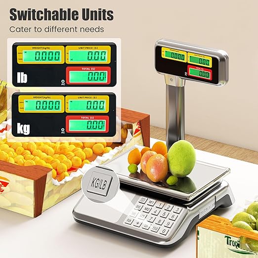 S AFSTAR Price Computing Scale with Pole Display, 88 lb Commercial Food Scale with Stainless Steel Platform, Rechargeable Battery, Tare & Count Function, Digital Market Scales for Retail Outlet, Meat