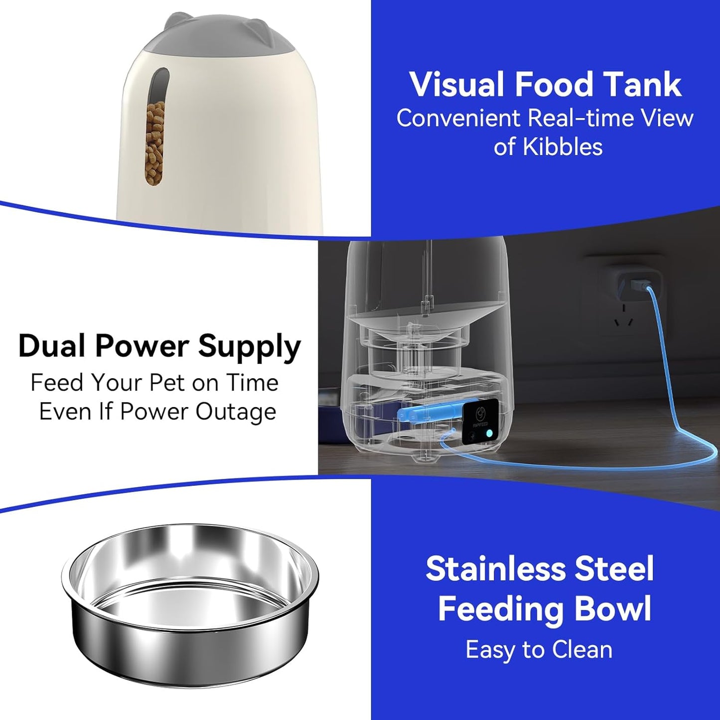 PAPIFEED Automatic Cat Feeder, 3L Timed Cats Food Dispenser with Dual Power Supply, Auto Pet Feeder with Programmable Portion Control for Cats and Small Dogs, Grey