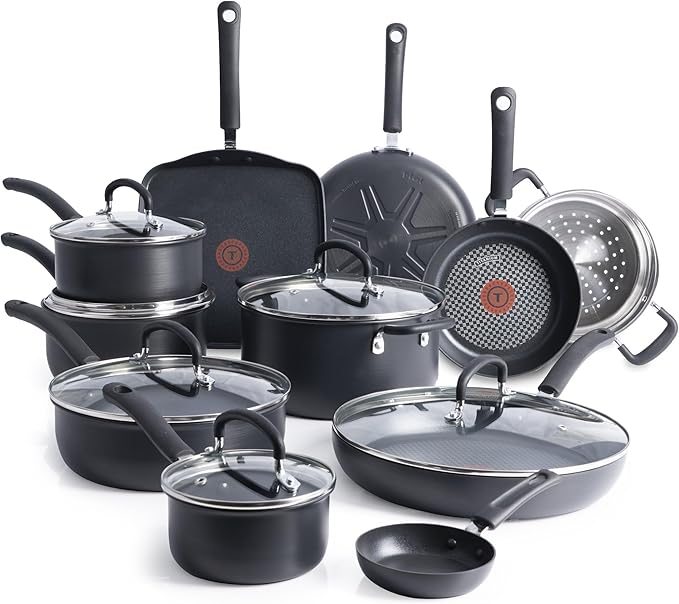 T-Fal Ultimate Hard Anodized Nonstick Cookware Set 17 Piece, Nonstick Pots and Pans Set with Fry Pan, Saucepans, Saute-Pan, Griddle, Dishwasher Safe, Black