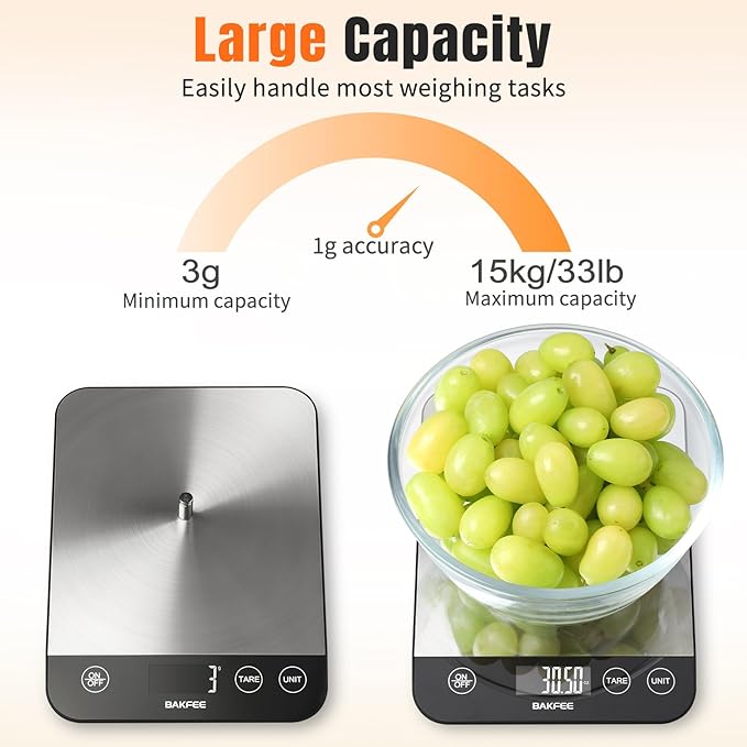 33lb Digital Kitchen Scale, Food Scale Rechargeable with Stainless Steel, Grams and Ounces, USB Charging, 1g High Accuracy for Baking, Cooking, Food BK806
