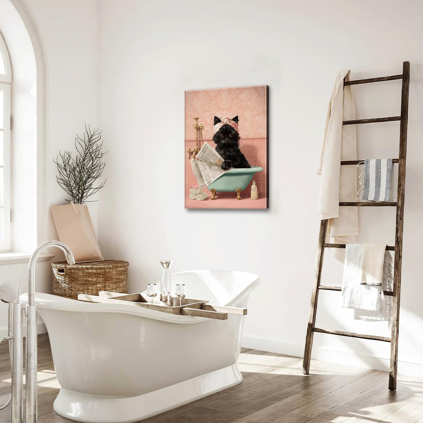 Cat Bathroom Wall Decor Black Cat Reading Newspaper in Bathtub Canvas Wall Art Funny Bathroom Pictures Kitten Painting Print Pink Artwork Framed Decorations Gifts 16"x24"
