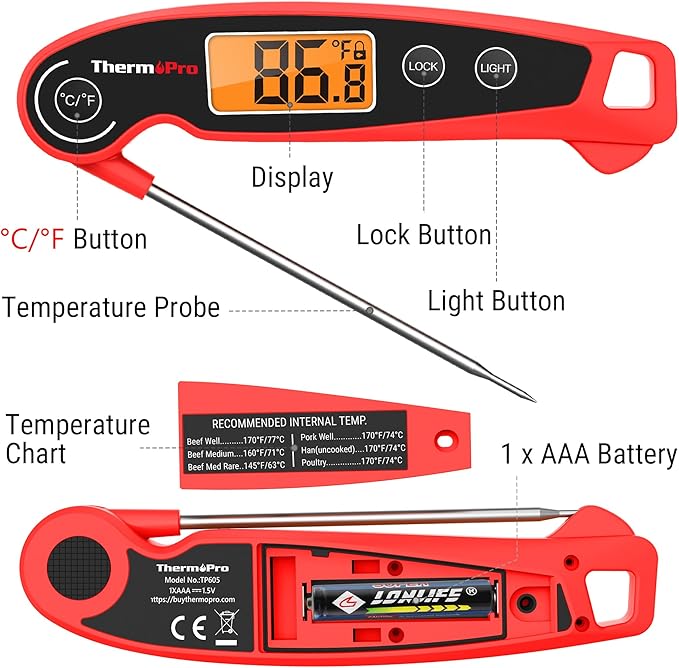 ThermoPro TP605 Instant Read Meat Thermometer for Cooking, Waterproof Digital Food Thermometer with Large Backlit LCD, 180° Foldaway Probe Kitchen Thermometer for Grilling, Smoking & Candy Making