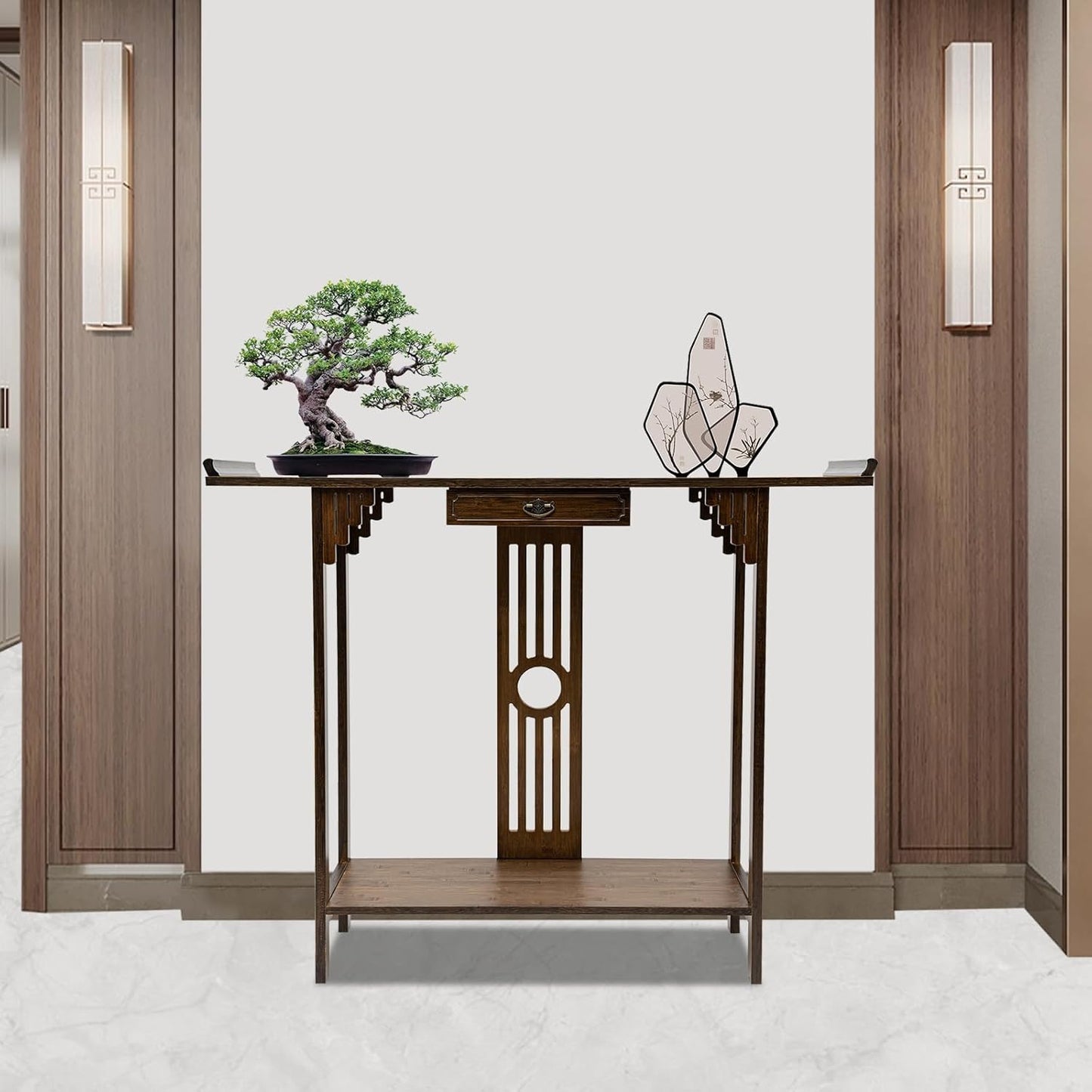 Console Table with Storage Shelves, 2 Tiers L 40.1” Narrow Sofa Table with Drawers, Bamboo Entryway Table for Small Spaces, Living Room Hallway Foyer Corridor Wood Entry Table