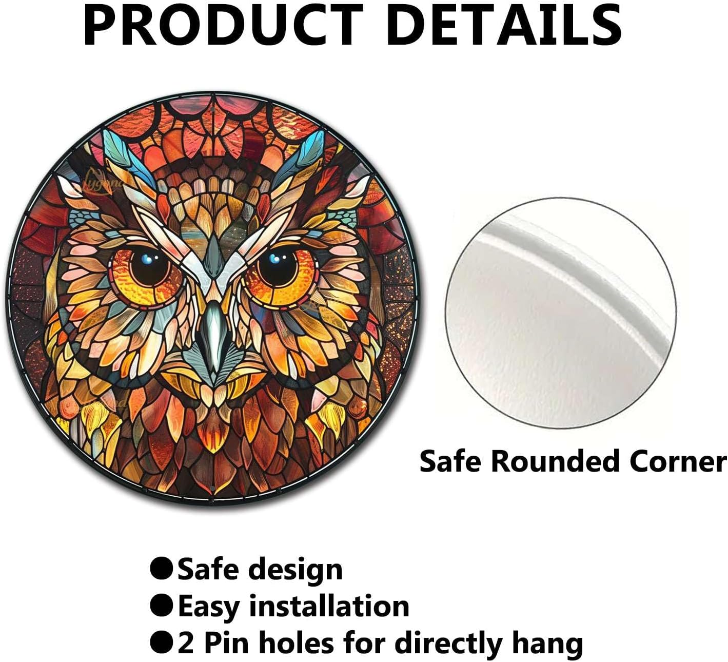 Lygond Metal Sign Tin Sign Circular Stained Glass Owl Metal Garden Signs for Garden 12×12 Inches