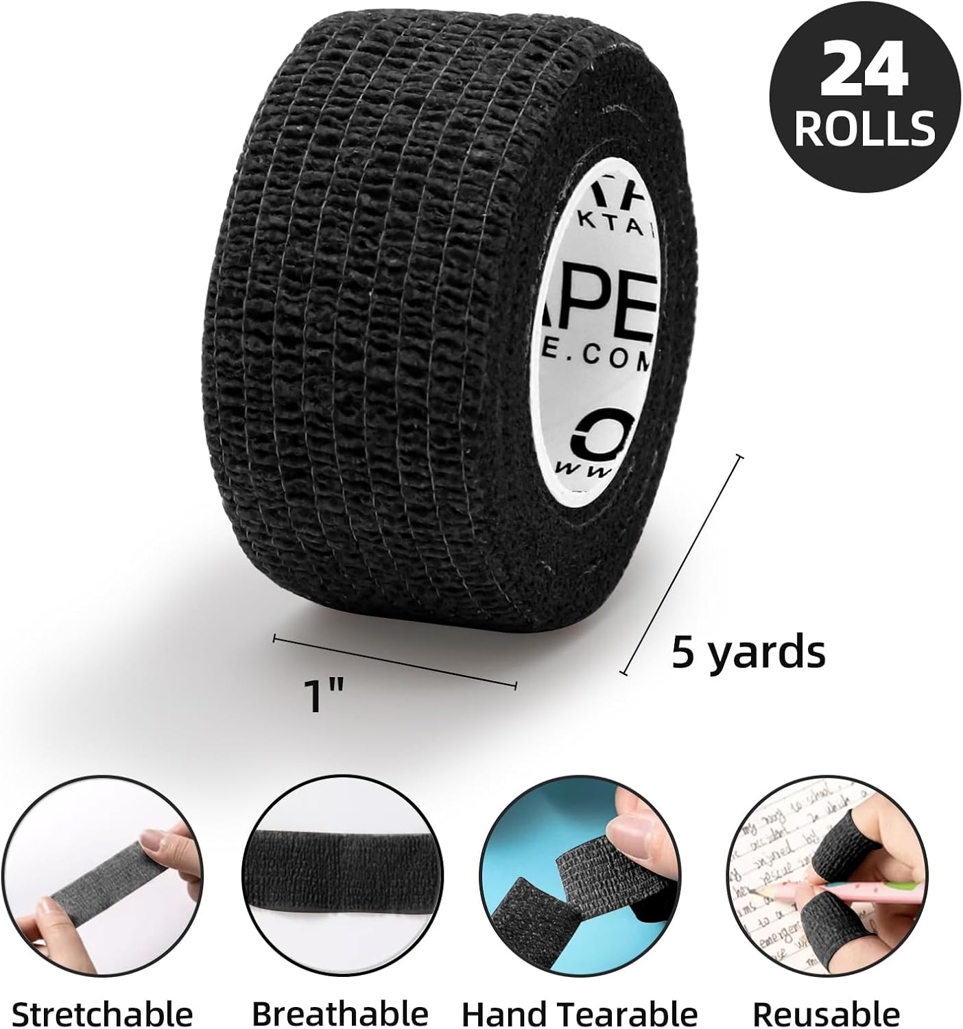 OK TAPE Self Adherent Cohesive Bandages Wrap - 24Packs, 1" x 5 Yards, Non-Woven Self Adhesive Bandage Wrap for Thumb, Finger, Wrist, Ankle, Vet Wrap Bandages Tape (Black)