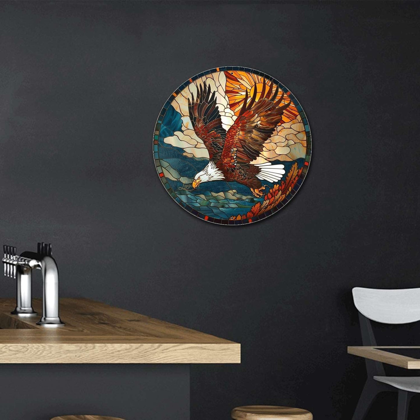Lygond Metal Sign Tin Sign Circular Stained Glass American Bald Eagle Bathroom Signs for Home for Garden 12×12 Inches