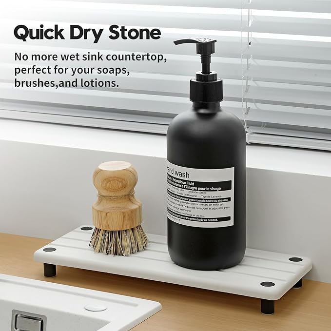 2 Pack Fast Drying Water Absorbing Diatomite Stone Mat Tray for Kitchen & Bathroom Counter - Instant Dry Sink Caddy Organizer - Vanity Holder for Soap and Sponge – White 10" x 4"