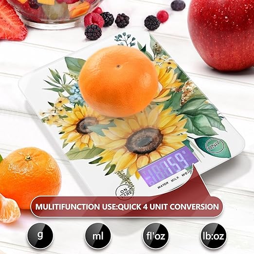 Digital Food Scale Sunflowers White – Fashion Design, 11lb/0.01oz, Tempered Glass, Kitchen Scales with LCD Display for Baking & Cooking, Batteries Not Included