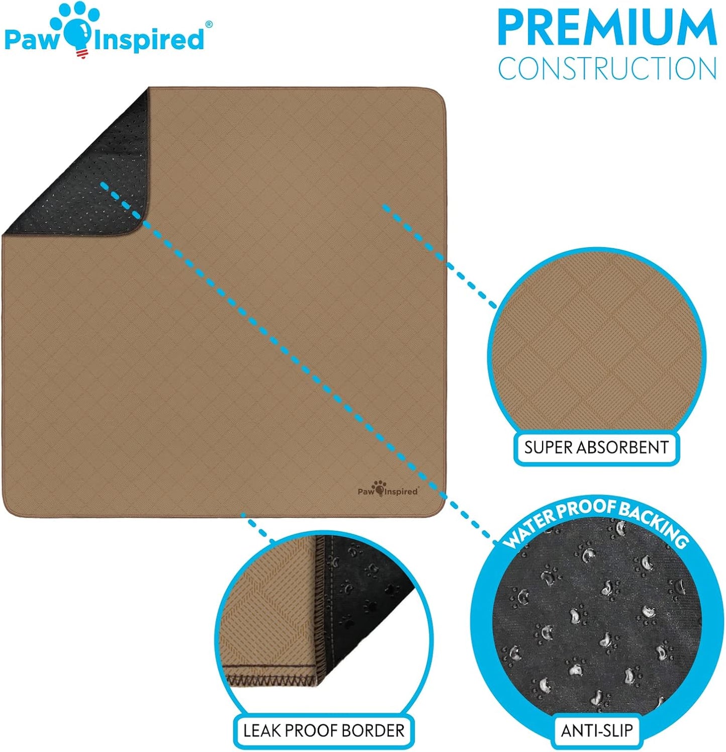 Paw Inspired Washable Pee Pads for Dogs (2 Pack), Leakproof, Non-Slip Reusable Puppy Pads for Potty Training, Whelping, Waterproof Mat (41x41 Inch, Pack of 2)