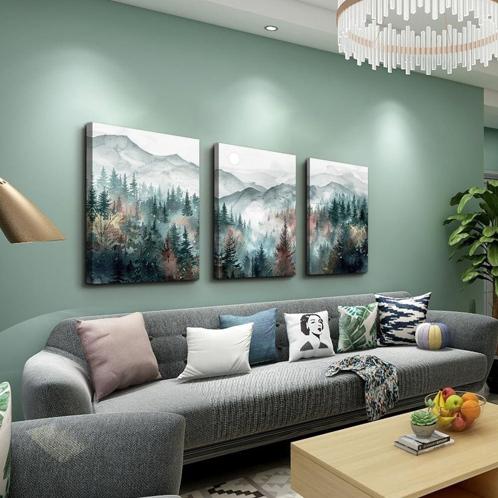 TTHYUEWS Farmhouse Wall Art For Living Room Canvas Wall Decor For Bedroom Wall Pictures for Office Fog Forest Mountain Landscape Watercolour Paintings Artwork Home Decorations Ready To Hang 3 Piece