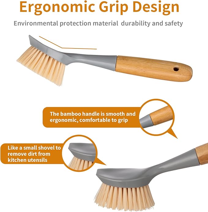2 Pack Kitchen Dish Brush Bamboo Handle Dish Scrubber Built-in Scraper, Scrub Brush for Pans, Pots, Kitchen Sink Cleaning, Dishwashing and Cleaning Brushes are Perfect Cleaning Tools, Color-Gray