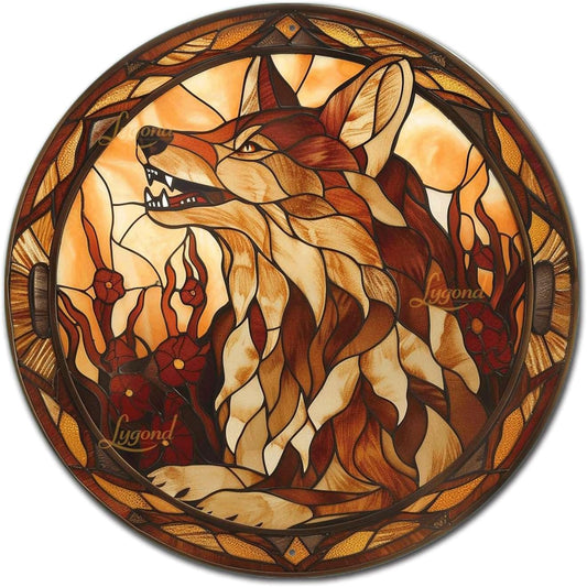 Lygond Metal Sign Tin Sign Circular Stained Glass Coyote Bar Signs for Home Decor for Club 12×12 Inches