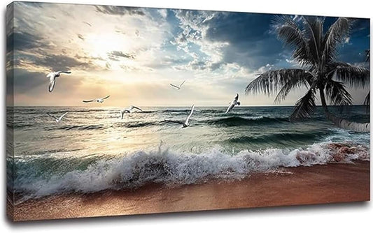 Yxbhhym Large Beach Ocean Canvas Wall Art Coast Sunset Sea Paintings Poster Seascape Picture Palm Artwork for Living Room Bedroom Home Decorations Wall Room Decor Modern Framed 24x48inches